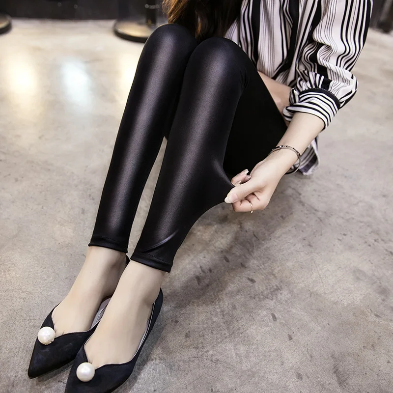 

Sexy Women Matt Stretch Faux Leather Slim Leggings Long Single Layer PU Faux Leather Leggings Imitate Skin Nine Part Pants