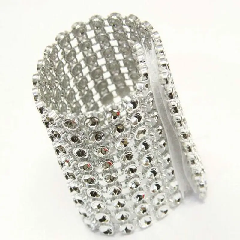 

Hot Sale! 50Pcs Silver 8Rows Bow Covers With Velcro Closure Napkin Ring Diamond Rhinestone Wedding Chair Sashes Bows Holder