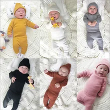 Осенне-зимние комплекты хлопковой трикотажной одежды для маленьких мальчиков и девочек детский теплый свитер+ штаны+ шапочка, костюмы из 3 предметов одежда для малышей