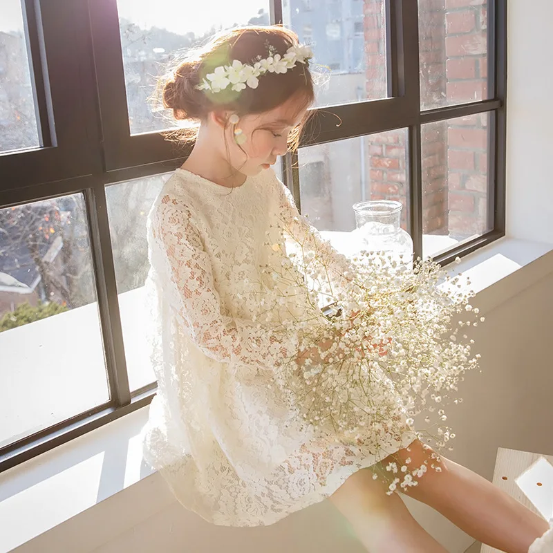 2018 Fashion Hot A-Line Girl Dress O-Neck Cute Princess Clothing Lace Dress For Girls Cute Solid Dress For Spring And Summer mock neck a line lace trim dress
