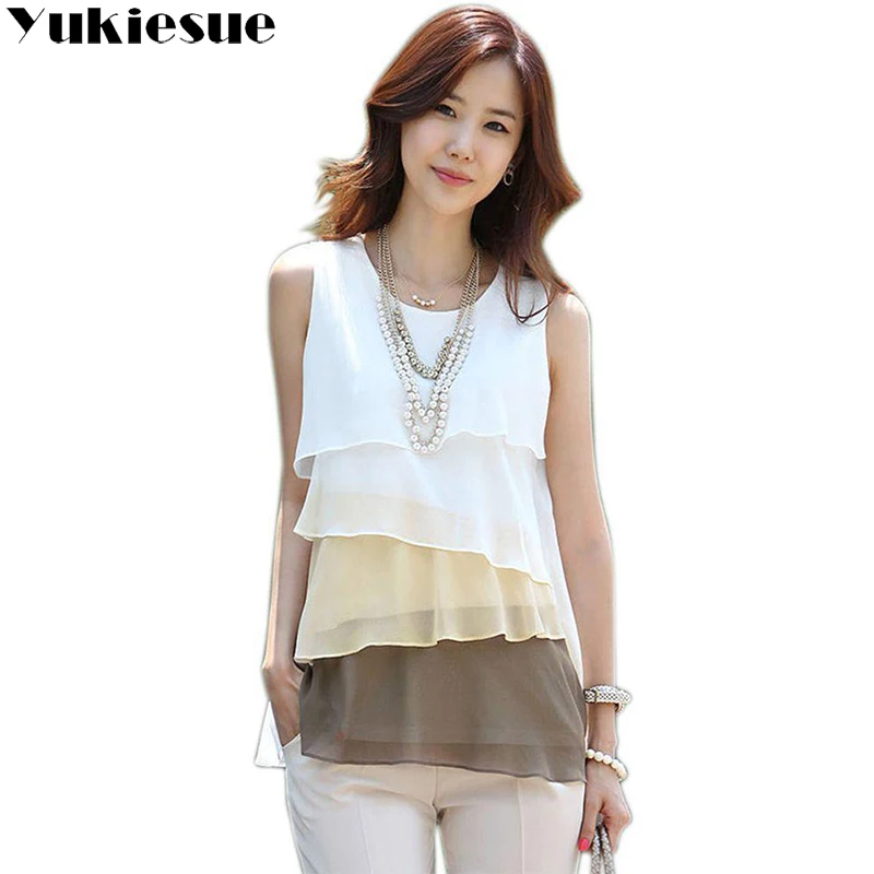 

2018 Fashion New Multi-layer Shirts Women Tops Summer Blouse Vest Sleeveless Cheap Chiffon Shirt