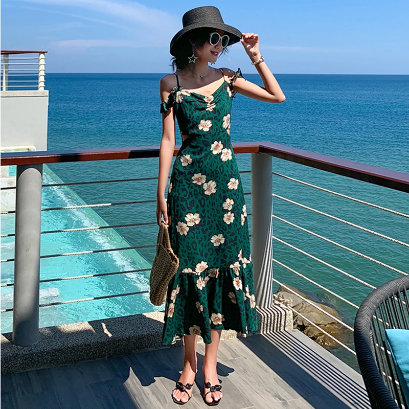 Summer Women Floral Print Green Sundress Female Boho Tropical Sexy Vacation Backless Vintage Ruffle Long Beach Sea Korean Dress