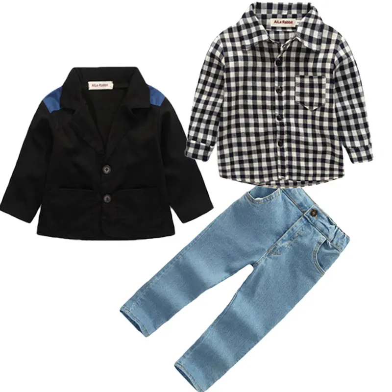 AiLe Rabbit/Новые Осенние комплекты одежды для мальчиков, куртка, рубашки, джинсы костюмы из 3 предметов джинсовая одежда в клетку Детское пальто с длинными рукавами, k1