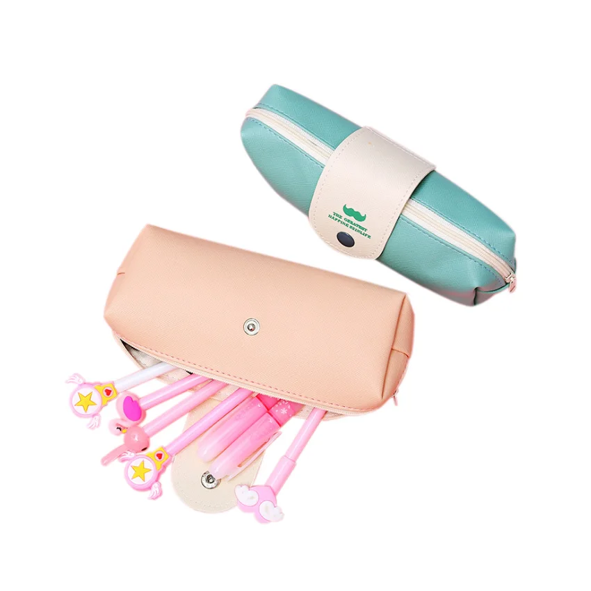 

10pcs/lot Small Fresh Beard PU Large Capacity Student Stationery Bag Simple Button Pen Bag Two Selection