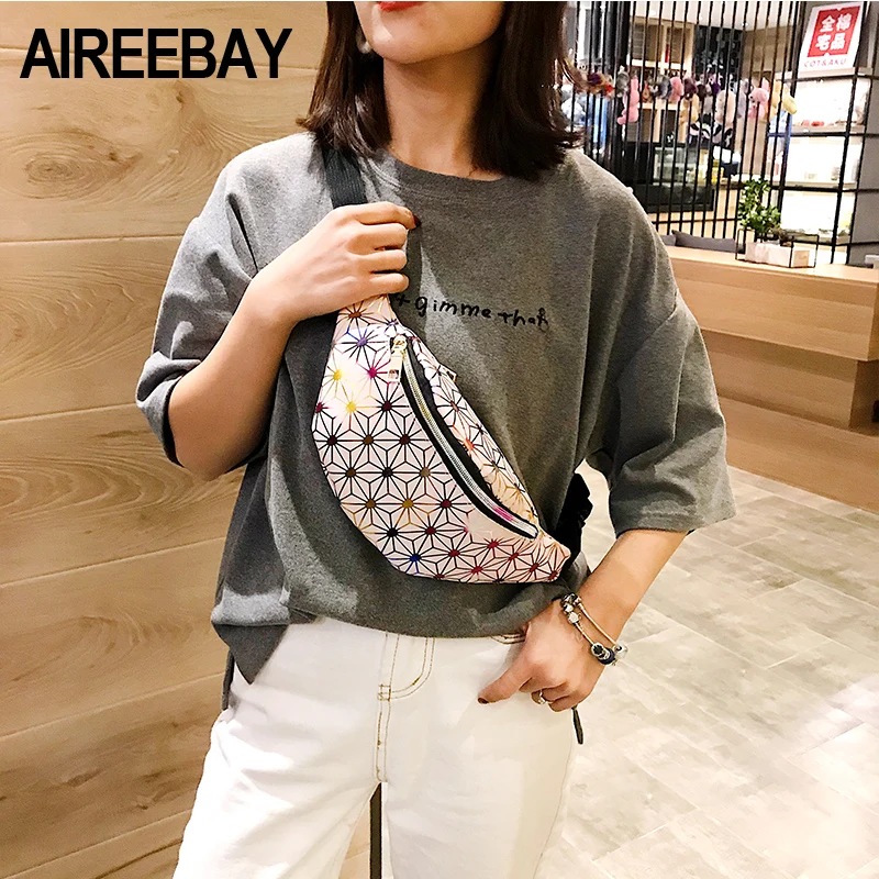 AIREEBAY الثلاثية الأبعاد حزمة مراوح النساء ليزر فضي محفظة تربط حول الخصر السفر الوردي الخصر حزمة الورك حقيبة الأزياء أسود الهولوغرام فتاة حزام ...