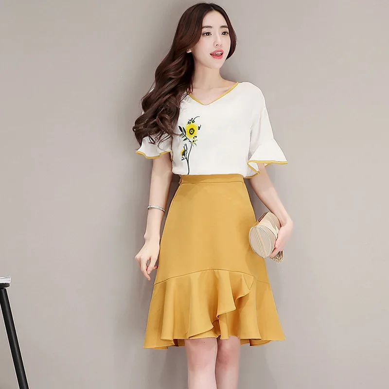 Moda de verano 2018 elegante bordado falda traje estilo coreano 2