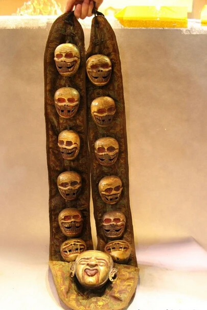 

wholesale factory 32" Tibet Buddhism Temple Bronze 24k Gold 13 Skull Buddha Head King Bell Statue AE1024 AB1025