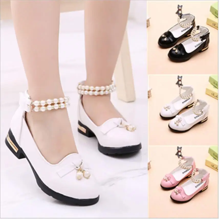 

2018 Autumn Spring Fashion Pearl Solid Color Bow Tie Kids Princess Leather Shoes For Girls Children's Dress Shoes School 32