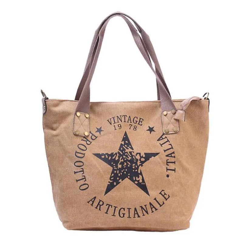 2022 BIG STAR PRINTING VINTAGE CANVAS SHOULDER BAGS Women Travel Tote Factory Outlet Plus Size Multifunctional Bolsos 