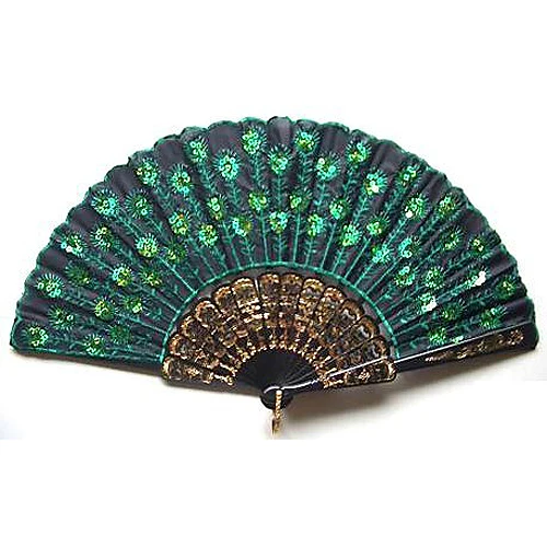 

Beautiful Lady's Silk Hand Fan with Green Sequins