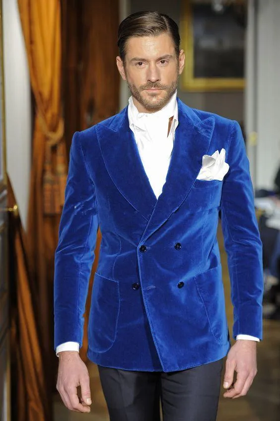 Свадебные костюмы для мужчин дизайнерский черный белый в горошек двубортный костюм для мужчин Terno Masculino Slim Fit костюм Homme - Цвет: blue velvet