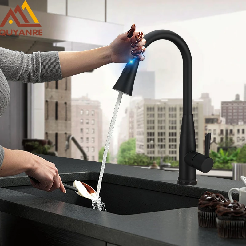 Quyanre Matte Black Sensor Kitchen Faucet Sensitive Smart Touch Control Faucet Mixer Tap Touch Sensor Smart Black Kitchen Tap