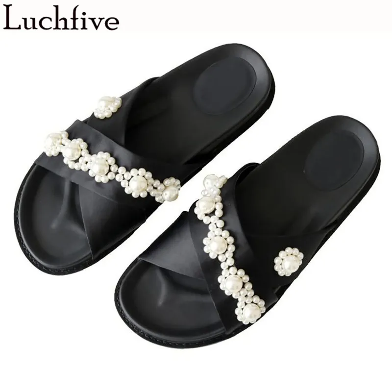

Sweet Flower Pearls Beach Slippers Sexy Open Toe Flats Summer Shoes Woman Black Slip On Slides Ladies Shoes Sapato Feminino