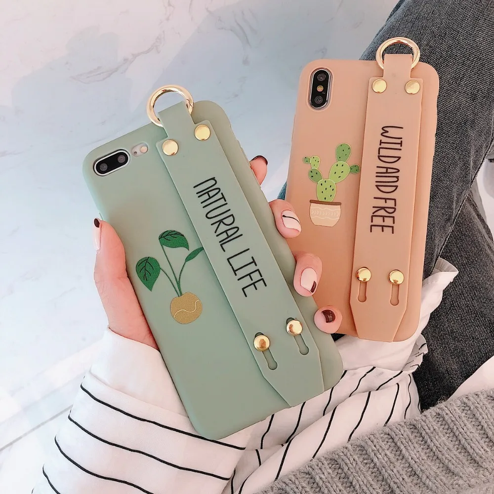 

For iPhone X XR XSMax Cactus Soft Case With Grip Strap Case Silicone Ring Soft Kickstand For iPhone 6 6S 7 8 Plus Cover Capa