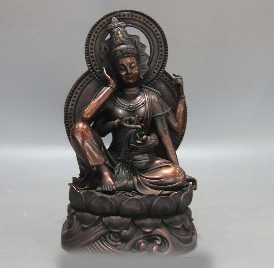 

China Buddhism Copper Bronze Four arm Guanyin Free Kwan-yin Bodhisattva Statue