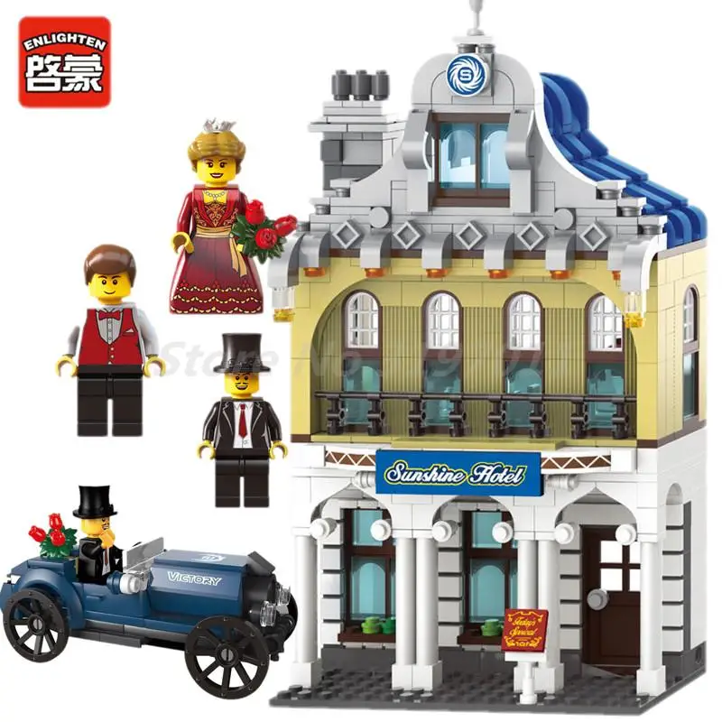 

ENLIGHTEN 742Pcs City Sunshine Hotel Holiday Inn Antique Car Figure Building Block Model Sets Educational Toys For Children Gift