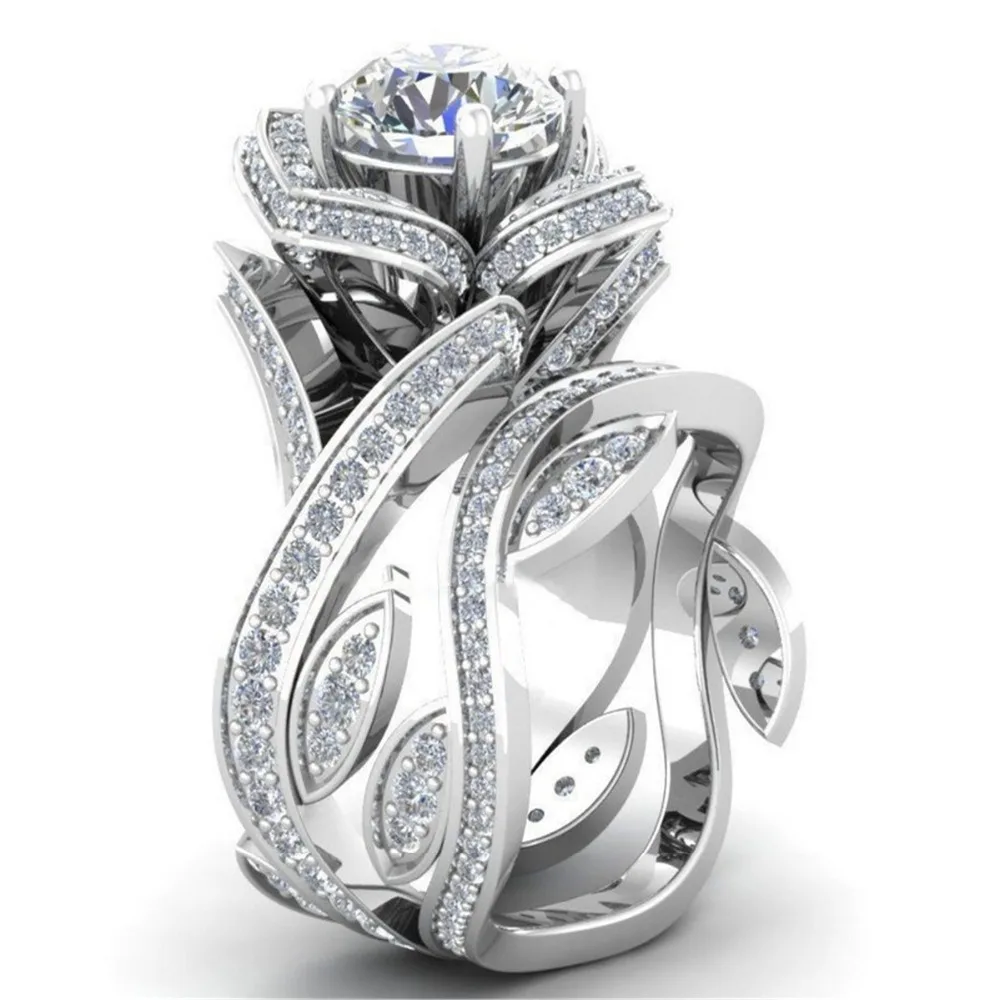 Austrian Crystal Jewelry Cubic Zirconia Rose Flower Wedding Rings Silver Leaf Round Cut Clear Ring Stainless Steel for Women
