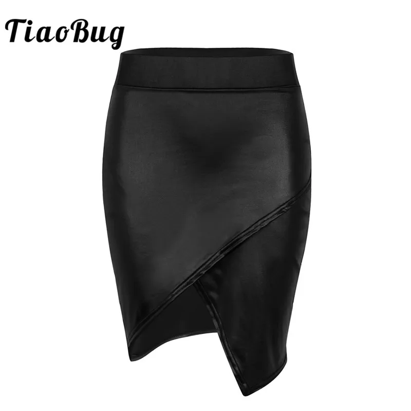 

TiaoBug Women Black Wet Look Faux Leather Mini Skirt High Waist Asymmetrical Side Slit Office Bodycon A-Line Party Pencil Skirts