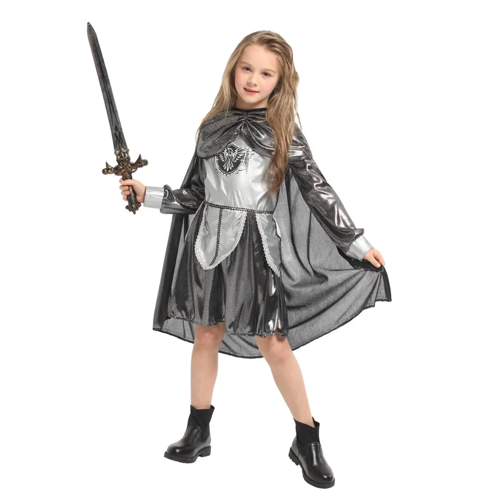 Детский Блестящий серебряный средневековый рыцарь-воин; костюм для девочек на Хеллоуин; Пурим; карнавальные; вечерние; маскарадные; ролевые игры