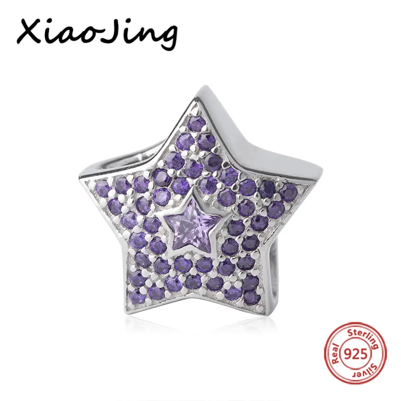

100% 925 Sterling Silver charms star shape Beads with purple CZ Fit Original European Bracelets bangle diy Jewelry making Gifts