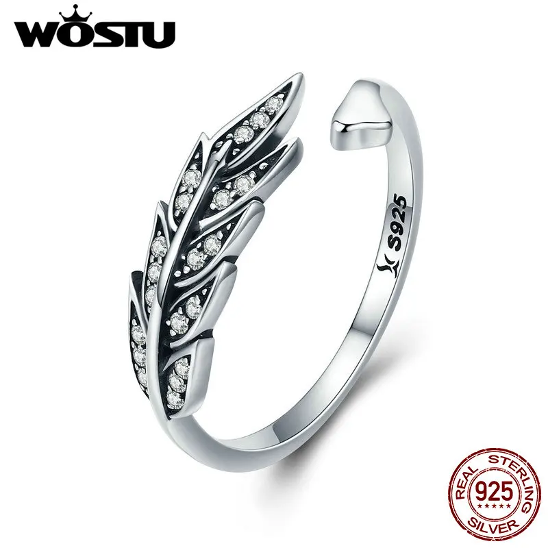 WOSTU Новое 925 пробы Серебряное винтажное Стильное кольцо с листьями, прозрачное CZ регулируемое кольцо для женщин модное S925 Серебряное ювелирное изделие подарок CQR313