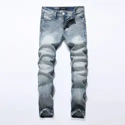 2018 Новый Для мужчин s брендовые джинсы модные Для Мужчин's Повседневное светло-голубой тонкий прямой отверстие деним Для мужчин брюки C981