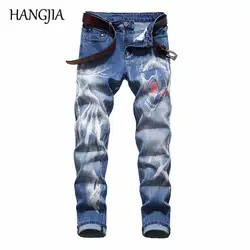 Синие байкерские джинсы мужские с двойным принтом Slim Fit Мужские джинсы из денима индивидуальность 3D Череп хип хоп джинсы прямые эластичные