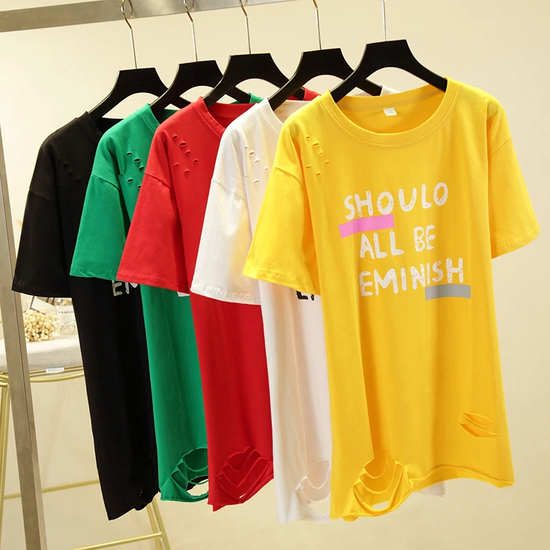 Summer Short Sleeve Women T-shirt O-Neck Letter Print Large Size Tee Shirt Female Cotton Loose Hole Street Trend T-shirts 8347 | Женская