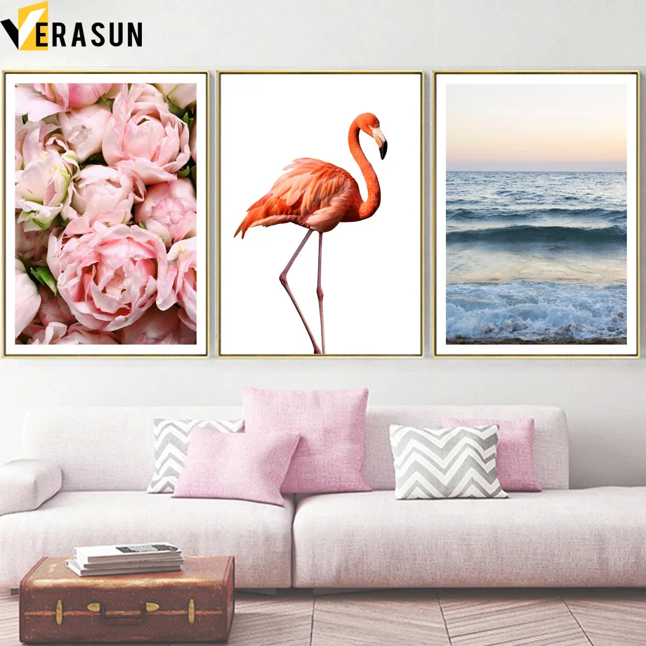 

Pink Rose Flamingo Sea Landscape Wall Art Canvas Painting Nordic Posters And Prints Decorative Pictures For Living Room Decor