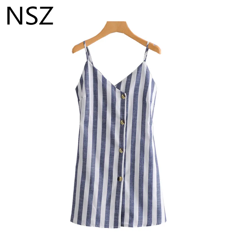 

NSZ Women Cotton Linen Summer Spaghetti Strap Mini Dress Button Striped V Neck Sleeveless SunDress Beach Tank Short Halter Dress