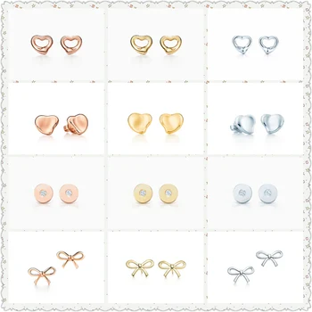 

Original 100% S925 Sterling Silver Open Heart Heart-Shaped Bowknot Trendy Earrings Women Logo Fine High-End Jewelry