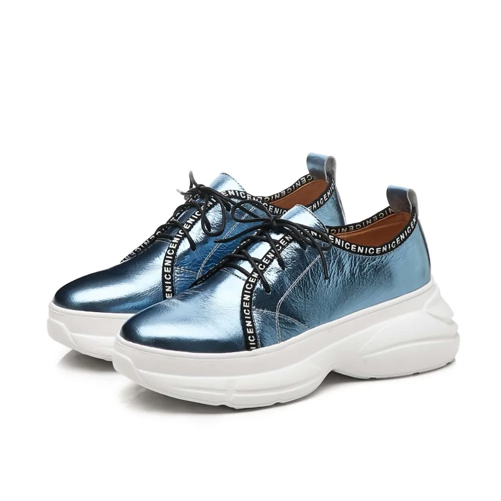 Rock Bleu Sneakers À Concise blanc Plate Vulcanisé Épais forme Style Véritable Respirant Bout Haute Fond L8f3 En Lacets or Cuir Filles Rond Chaussures N80wmn