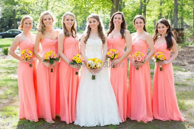 Vestido Madrinha De Casamento 2015 Coral Color Chiffon Floor Length