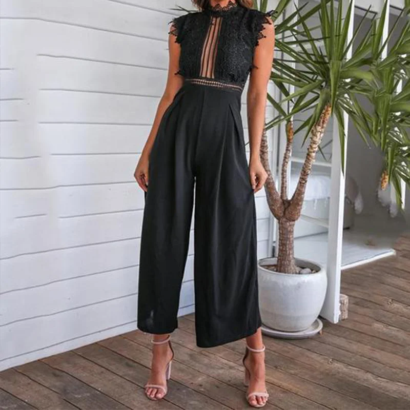 

Women's Jumpsuit Rompers Sexy Hollow Out Ruffled Sleeveless Backless Black White Jumpsuits 2019 Summer Elegant Romper Female