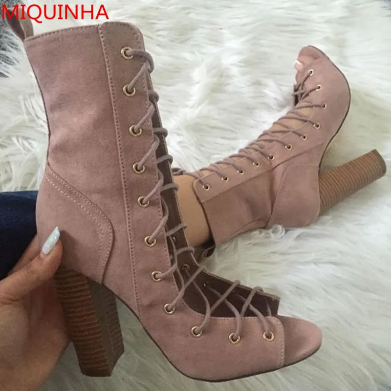 Sexy Suede Strappy Women Sandals Peep Toe Lace Up Cut Out Block High Heel Gladiator Ankle Sandal Boots Street Party Cool Shoes