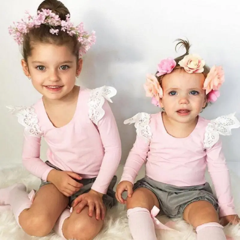 Одежда для новорожденных Ползунки для маленьких девочек, кружевные футболки с открытыми плечами топы, одежда