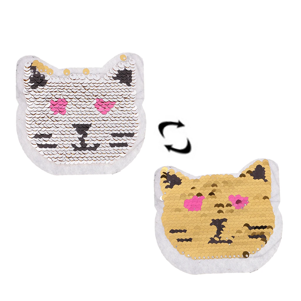 Catoon Cat Reversible Patch Embroidered Iron on Sew on Applique Glitter Sequin for Jeans T-shirts Clothing