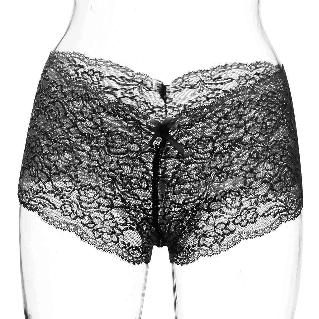 

2PC Women Erotic Open Crotch Backless Underwear Solid Color Lingerie G-String Sheer Floral Lace Bowknot Decor Thongs Breifs
