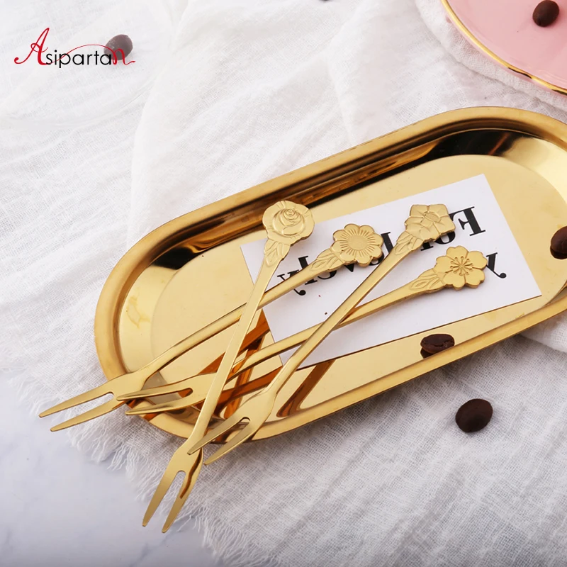 

Asipartan Stainless Steel Fruit Fork Gold Flower Handle Dessert Forks Multipurpose Fruit Salad Cake Lunch Fork Cocktail Picks