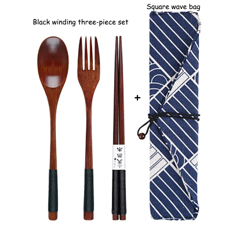 Baispo портативная посуда, деревянные столовые приборы, наборы с удобной ложкой, вилкой, палочками для еды, подарок для путешествий, столовая посуда, костюм с тканевой сумкой - Цвет: Black square wave