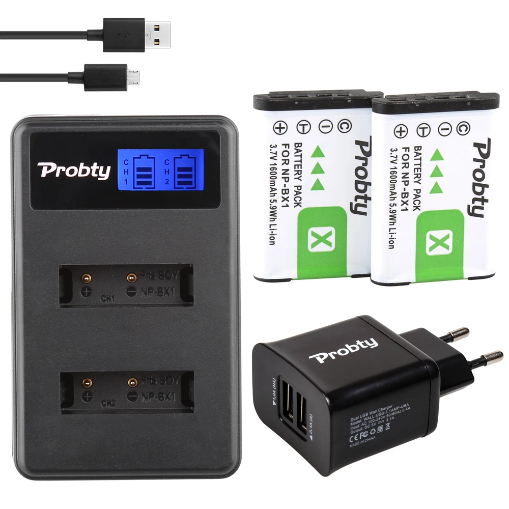 Батарея Probty 2 шт. NP BX1 + двойное зарядное устройство USB с ЖК дисплеем для Sony DSC HX300 RX1R