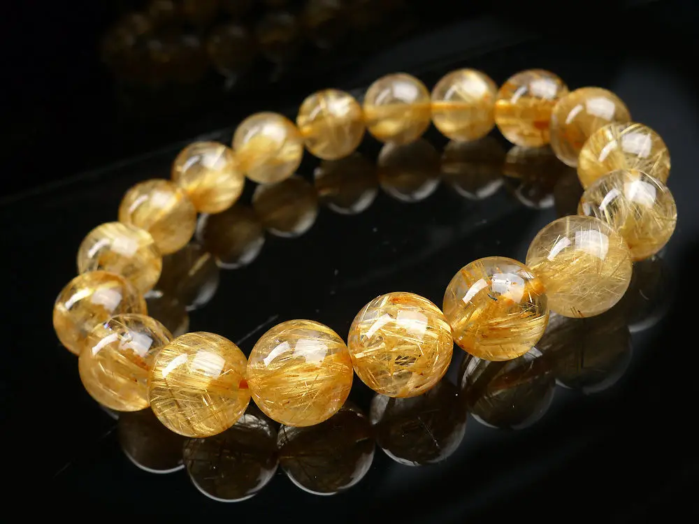 

huij 001671 Top Quality Natural Gold Titanium Rutilated Quartz Crystal Bracelet AAAA 12mm
