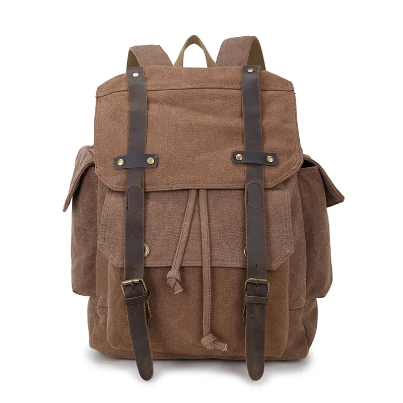 

Large Capacity Canvas and leather Anti Theft Travel Drawstring Backpack Men Laptop Backpack Vintage Travel School Bag for Boy