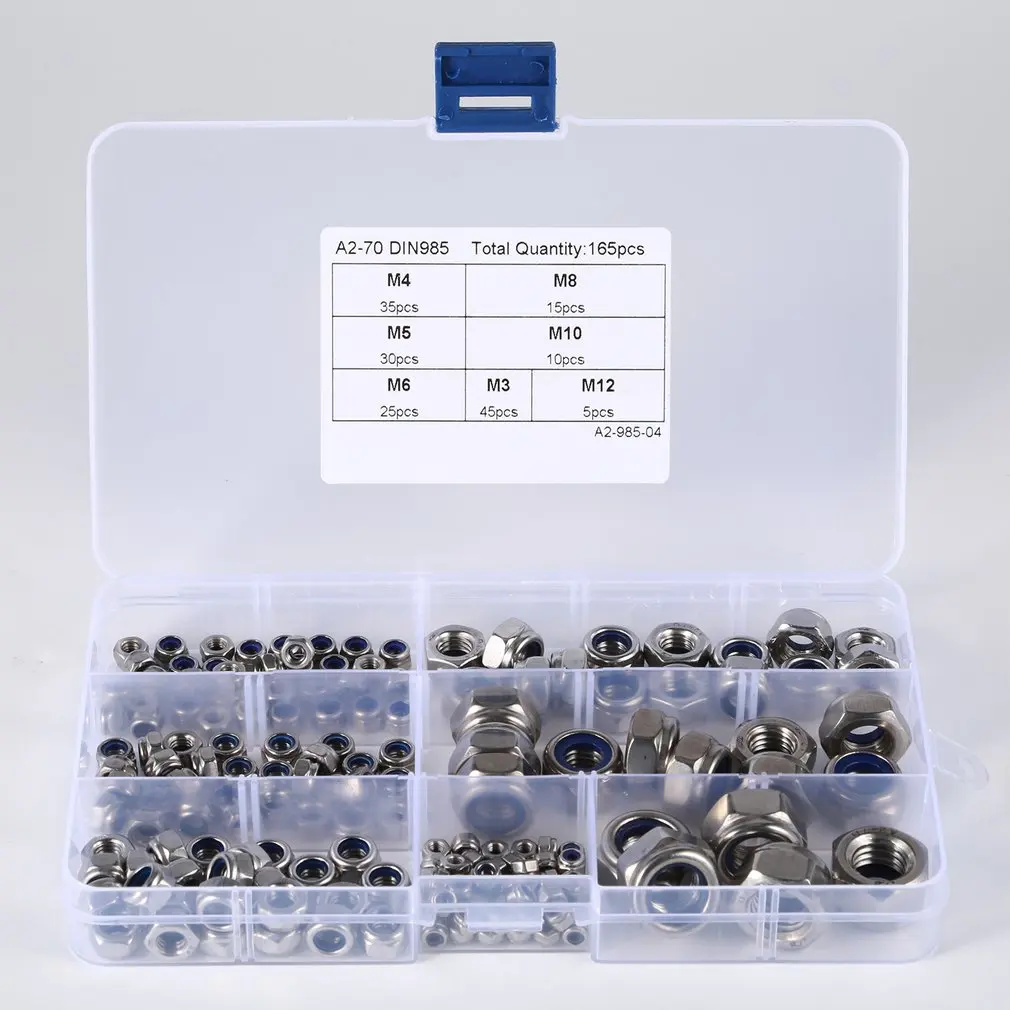 

165PCS M3 M4 M5 M6 M8 M10 M12 Stainless Steel Nylon Hex Self-locking Nut Screw Cap Nut Combination Suit Set Assortment Kit