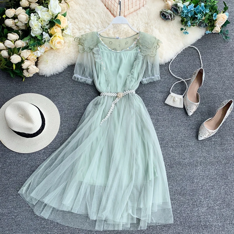 

Women O-neck Puff Sleeve Sequined Pearl Bead Belt Mesh Gauze Pleated Dress Vintage Elastic Slim Tulle Party Ruffles Midi Dresses