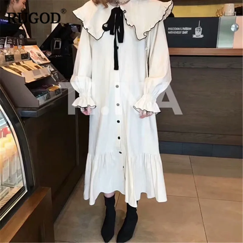 

RUGOD Bow Loose Dress female Fashion spring long sleeve Ruffles hem women dress peter pan collar sweet long dress Vestidos femme