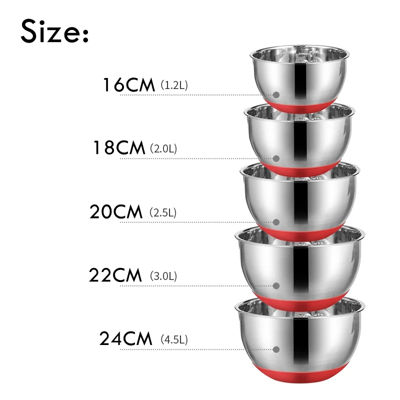 Лучший 304 нержавеющая сталь со шкалой Нескользящие миски для смешивания с насадками для терки ручка для носика и крышка инструмент для приготовления пищи