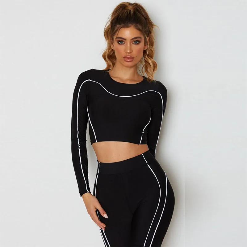 

Women Black Long Sleeve With Shiney Stripes Gym Reflective Yoga Wear Workout Active Wear