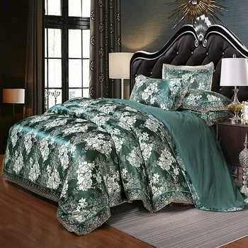 

Modern Style 4 pcs Satin Jacquard Lace Edge Bed Set Bed Duvet Cover Flat Bed Sheet Bed Skirt Pillowcase Paris Green Color