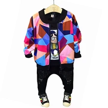 Весенне-осенний комплект из 2 предметов для мальчиков, куртка для малышей+ штаны, детский спортивный костюм, Детский комплект, Детский костюм с разноцветными геометрическими принтами и заклепками для детей 2-7 лет